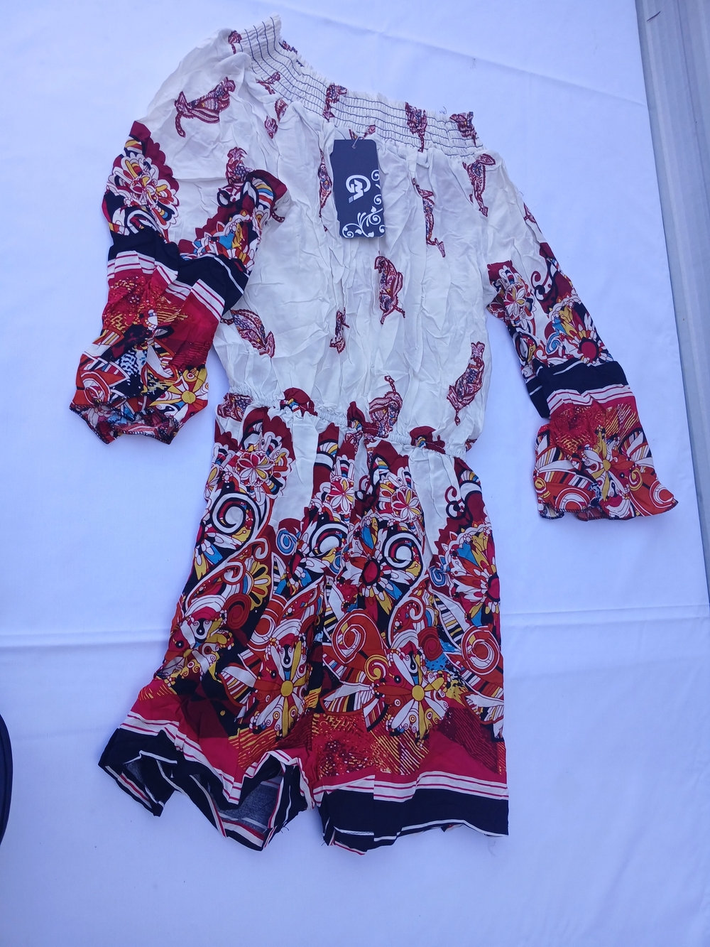 Girls Off-Shoulder Floral Print Dress - Red & Cream